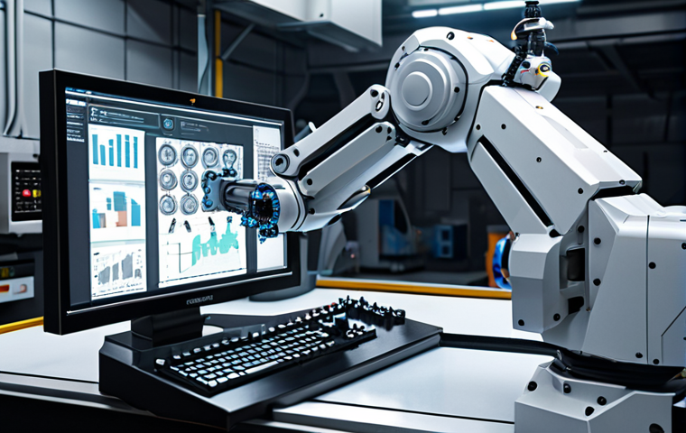 **
A futuristic machining workshop. A robotic arm precisely operates a CNC machine, with holographic displays showing data analysis and optimization algorithms running in the background. Focus on the advanced technology and automated processes.
**